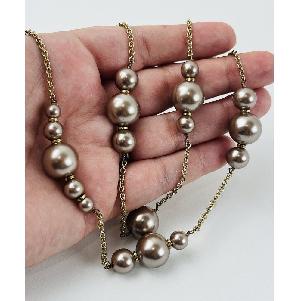 J.Crew Faux Pearl Necklace Station Bronze Platinum Taupe Cluster Beads Gold tone